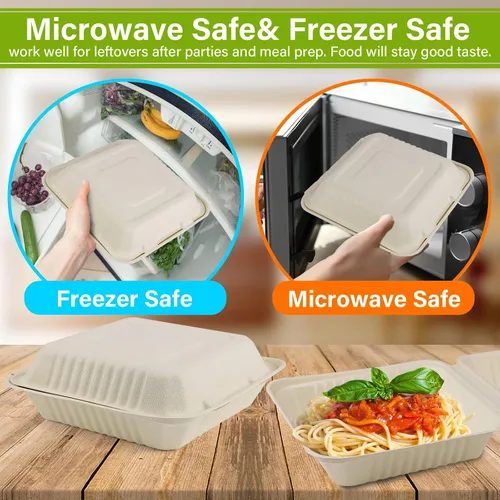 Miniatura 5 de greensight Contenedor de comida compostable para llevar 8 x 8, paquete de 50 cajas de comida desechables para llevar, contenedor de alimentos 8x8