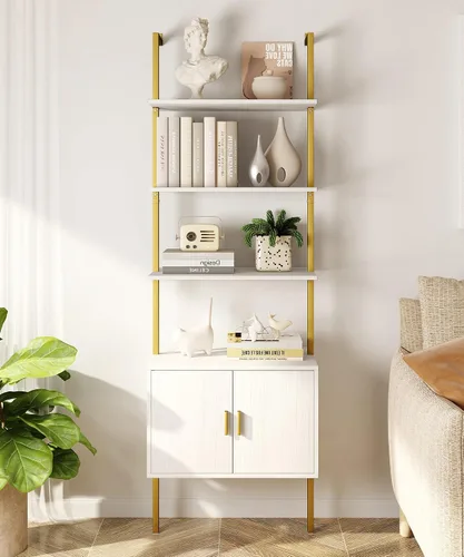 Miniatura 11 de Yusong Estantería alta de 73" con gabinete, estantería tipo escalera para montaje en pared con marco de madera y metal, estantería para plantas