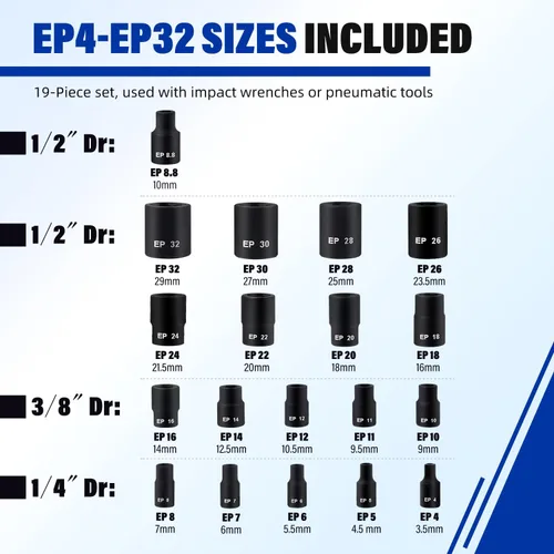 Miniatura 2 de AKM Juego de llaves Torx Plus externas de 19 piezas, 6 puntos EP Socket EP4-32 con 1/2 pulgadas 3/8 pulgadas 1/4 pulgadas Dr. EP8.8 compatible