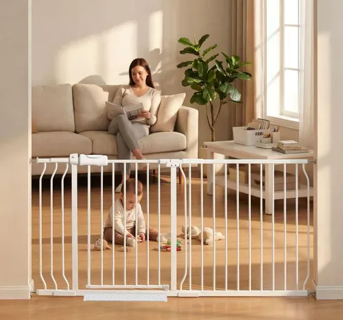 Miniatura 11 de Puerta extra ancha para bebé, puertas de seguridad extra altas para interiores, metal negro, gran montaje a presión, puerta para mascotas, puerta