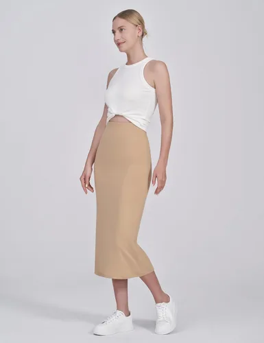 Miniatura 2 de POSHDIVAH Falda de maternidad para mujer, sobre el vientre, de cintura alta, color liso, elástica, falda tubo para embarazo