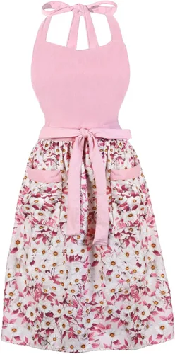 Miniatura 10 de Bonitos delantales florales para mujer con bolsillos, delantal de algodón ajustable con correa para el cuello para cocina, cocina, hornear