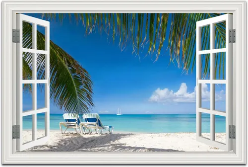 Miniatura 11 de Cuadro de pared de playa tropical para sala de estar, lienzo estilo marco de ventana, decoración de pared, palmera, impresión artística costera