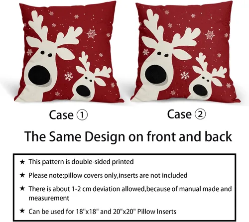 Miniatura 5 de Juego de 2 fundas de almohada de Navidad con ciervos de 18 x 18 pulgadas, diseño de reno rojo con copos de nieve y renos, para decoración del hogar