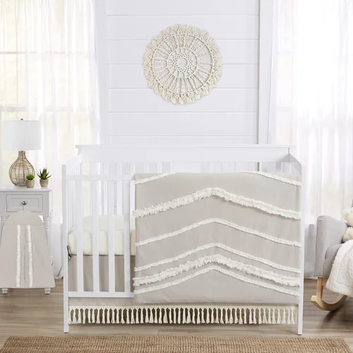 Miniatura 12 de Sweet Jojo Designs Juego de ropa de cama bohemio bohemio para cuna de bebé niño y niña, 4 piezas, color gris y blanco, diseño Shabby Chic