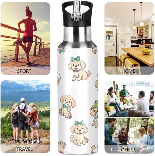 Miniatura 5 de Cute Cartoon Dogs White Insulated Stainless Steel Water Bottle with Straw 20 Oz Leakproof Water Bottles, BPA-Free Sports Water Bottle with Straw