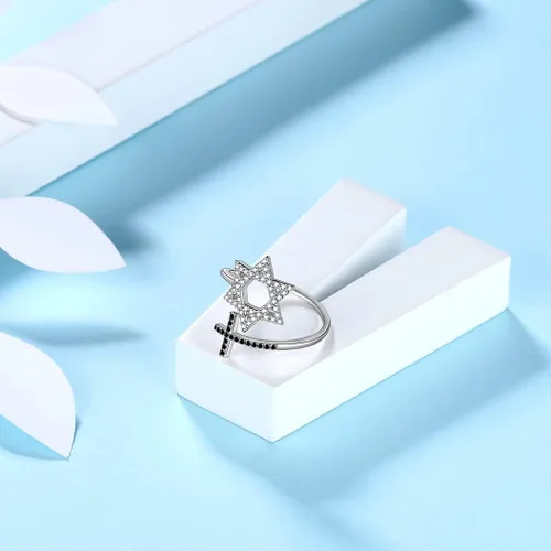 Miniatura 10 de Jewmon Anillo ajustable de estrella de David judía para mujer, plata de ley 925, circonita cúbica, estrella de David, anillo judío abierto, amuleto