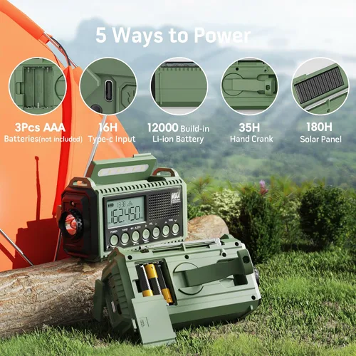 Miniatura 4 de Radio de Emergencia 12000, Radio Meteorológica NOAA con AM/FM/NOAA/SW, Radio Operada por Batería SOS, Radio de Emergencia de Manivela Manual con 5