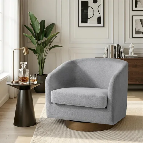 Miniatura 26 de Juego de 2 Sillas Giratorias de Acento, Silla Barril Tapizada en Tela para Sala de Estar, Cómodo Sillón Redondo Sofá Individual Asiento de Lino Beige