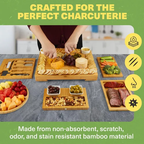 Miniatura 3 de Dynamic Gear Tabla de charcutería con cajones extraíbles, juego de tablas de queso de bambú expandible con utensilios, cuencos, bandejas