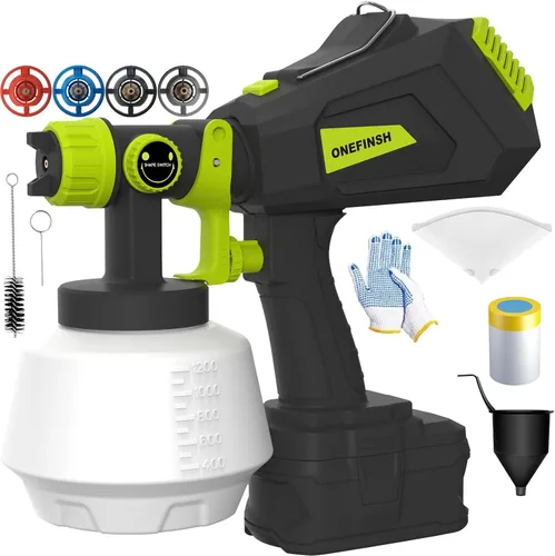 Pulverizador de pintura inalámbrico para batería Ryobi de 18V, pistola de pintura HVLP de mano con 3 patrones de pulverización y 4 boquillas, ideal