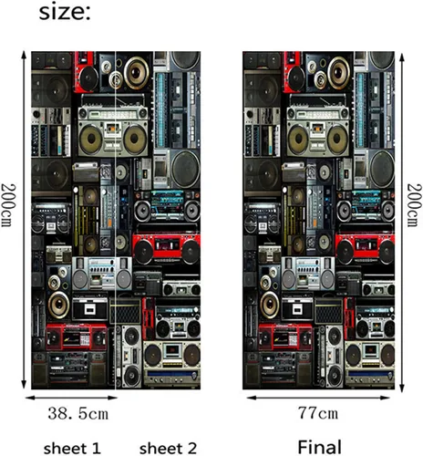 Miniatura 7 de artfanke Adhesivo 3D para puerta, 30.3 x 78.7 pulgadas, papel tapiz autoadhesivo impermeable para puerta, póster de pared vintage de radio Boombox