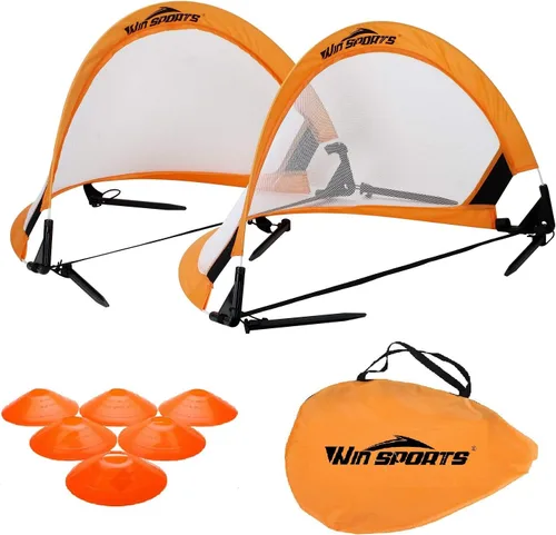 Win SPORTS Redes de fútbol portátiles plegables Pop Up Pro 2 con estuche de transporte y conos de entrenamiento, práctica en patio trasero, escuela,