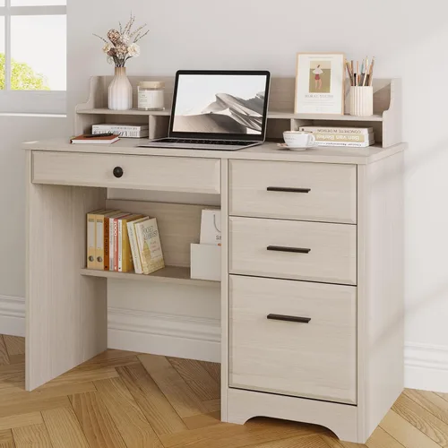 Escritorio pequeño con 4 cajones, escritorio de computadora con soporte de almacenamiento y monitor para espacios pequeños, escritorio de oficina