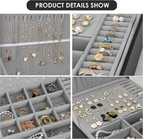 Miniatura 4 de Joyero joyero para mujeres y hombres con piel sintética organizador de joyas grande de 2 capas con cerradura para collares pulseras aretes anillos