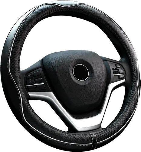 Miniatura 9 de Valleycomfy Fundas universales para volante de 15 pulgadas, piel auténtica, transpirable, antideslizante y sin olor (negro con líneas negras, M
