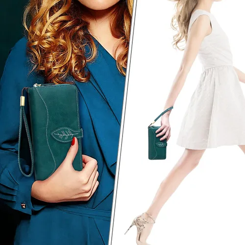 Miniatura 7 de CONISY Cartera RFID para mujer, de gran capacidad, cartera larga de cuero para tarjetas de crédito con correa de muñeca