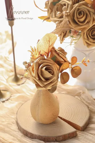 Miniatura 4 de Floroom Flores artificiales, 25 piezas de rosas falsas de espuma dorada antigua de aspecto real con tallos para ramos de boda DIY, centros de mesa