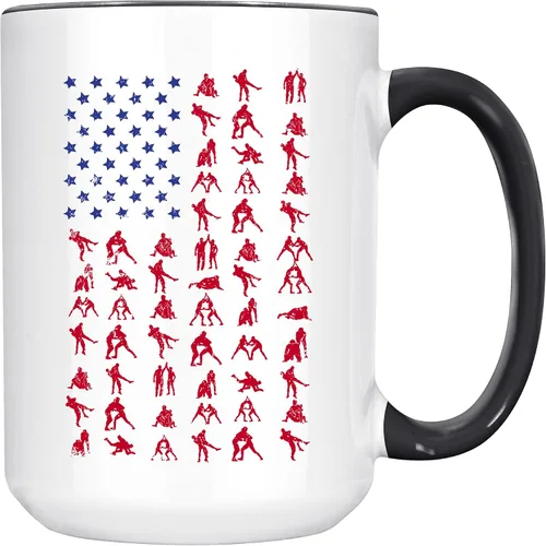 Miniatura 4 de Taza de café con la bandera estadounidense de lucha libre, taza de café para luchador, taza de café divertida de 11 onzas, mango negro e