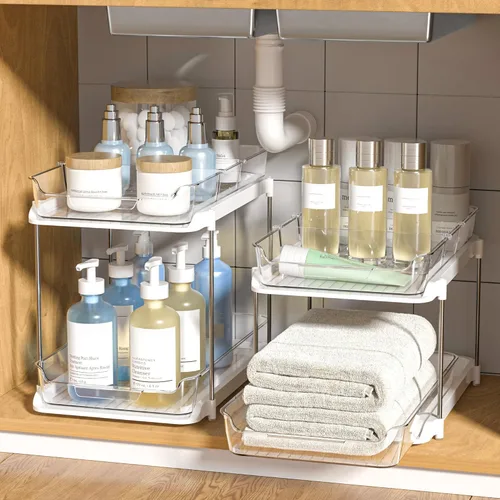 Delamu - Organizadores y almacenamiento de 2 niveles para debajo del fregadero del baño, multiuso, apilables, organización de cocina y despensa,