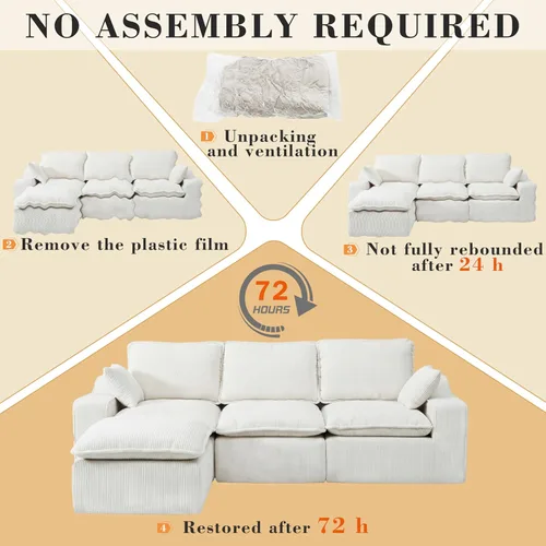 Miniatura 9 de Sofá modular sin hueso de 107 pulgadas con otomana, sofá modular de pana con asiento profundo tapizado, moderno sofá modular con tumbonas