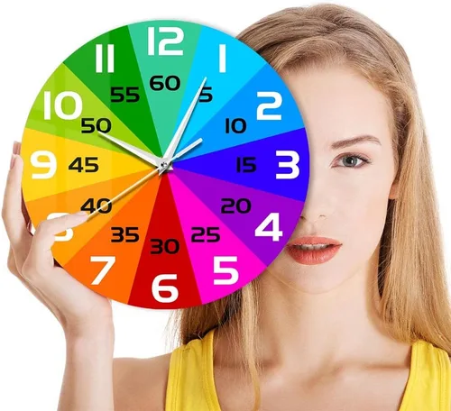 Miniatura 9 de Reloj de pared educativo con ruedas de color arcoíris de 15 pulgadas, para enseñar la hora y aprender a decir la hora, silencioso, sin tictac