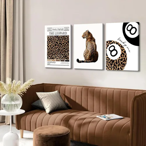 Miniatura 2 de Conjunto de 3 modernos pósteres de pared de leopardo en lona con bola de la suerte número 8, arte de pared elegante, decoraciones de pared