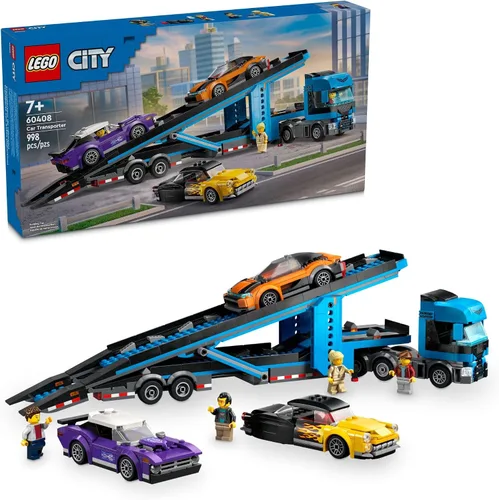 LEGO City Camión Transportador de Autos con Autos Deportivos Juego de Construcción - Juguete de Camión Semi con Transportador y Remolque para Niños