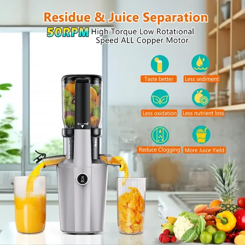 Miniatura 5 de Máquina Exprimidora de Prensa Fría, Exprimidor de Masticación Lenta con Rendimiento del 96%, Canal Ancho para Frutas Enteras, Ultra Silencioso