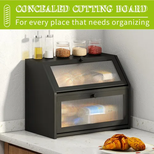 Miniatura 3 de BMOSU Panera grande de doble capa para encimera de cocina, almacenamiento de madera de bambú (negro)
