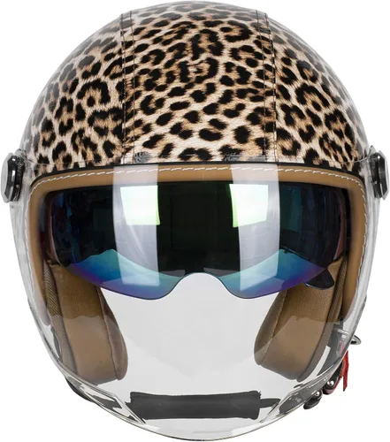 Miniatura 2 de Casco de motocicleta de cuero PU brillante vintage 3/4, con certificación DOT, con visor doble, casco de cara abierta, casco de media cara