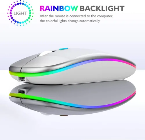 Miniatura 5 de Mouse inalámbrico Bluetooth para MacBook Air/Mac/Pro/portátil/computadora/PC, interruptor de modo dual recargable, mouse Bluetooth 5.2/3.0 y plateado