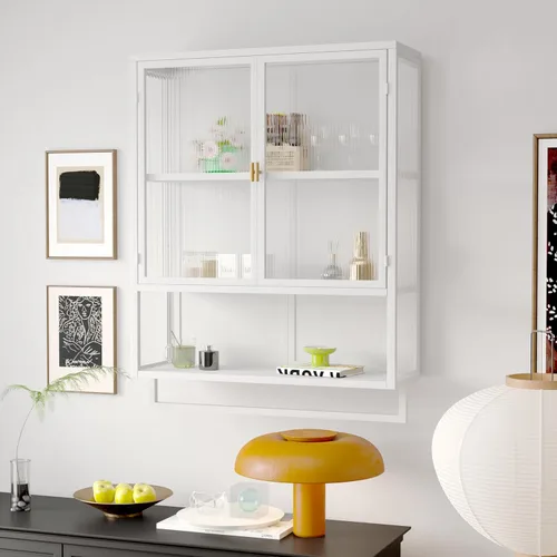 Miniatura 8 de Armario de pared de doble puerta de vidrio brumoso estilo retro con estantes desmontables para oficina, comedor, sala de estar, cocina y baño negro