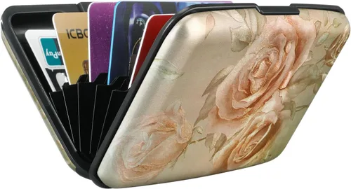 Miniatura 201 de ELFISH Mini cartera de aluminio RFID para tarjetas de crédito, funda de identificación de metal para hombres y mujeres, Happy Flower, Cartera Rfid