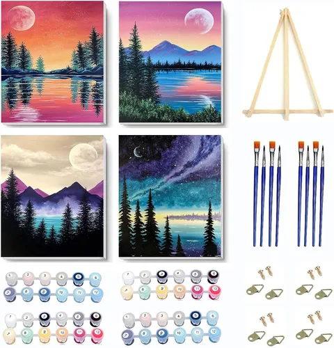 Miniatura 16 de VIGEGU Paquete de 4 pinturas por números para adultos, lienzo enmarcado, con caballete de madera, pintura por números para niños de 8 a 12 años