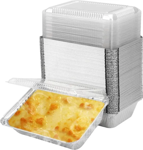 HOZEON Paquete de 125 bandejas de papel de aluminio de 8.5 x 6 pulgadas con tapas transparentes, capacidad de 2.25 libras, recipientes desechables