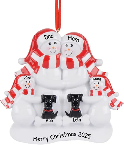 Miniatura 4 de Adorno 3D de familia de 3 con perros, adornos de Navidad personalizados para familia 2025 Muñecos de nieve con 2 perros negros, adornos