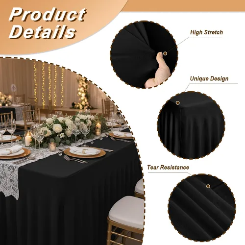 Miniatura 3 de Fixwal Paquete de 2 manteles de elastano negro para mesa rectangular de 4 pies, falda de mesa para fiesta, espectáculo, boda y cumpleaños