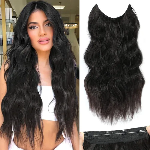 Miniatura 18 de Extensiones de cabello con halo de 12 pulgadas con alambre invisible, cabello largo ondulado ajustable, sintético, mejora con 4 clips de seguridad