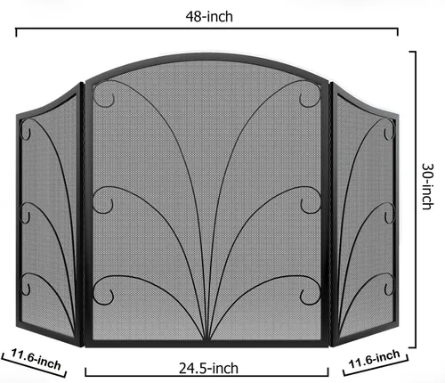 Miniatura 3 de Kingson - Pantalla para chimenea de 3 paneles con arco decorativo, hecha a mano, de hierro forjado con espiral, cubierta protectora contra chispas