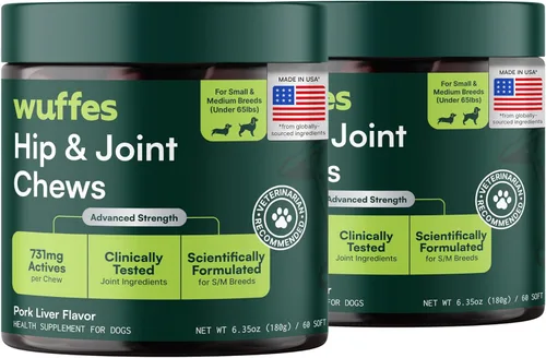 Wuffes Suplemento avanzado para cadera y articulaciones de perro con glucosamina, condroitina, Omega 3, MSM y mejillón de labios verdes, 120