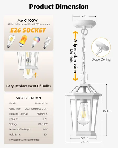 Miniatura 5 de VIANIS Luces Colgantes Blancas para Exteriores, Linternas de Luces Colgantes Modernas para Exteriores, Luces de Porche de Aluminio para Techo Blanco