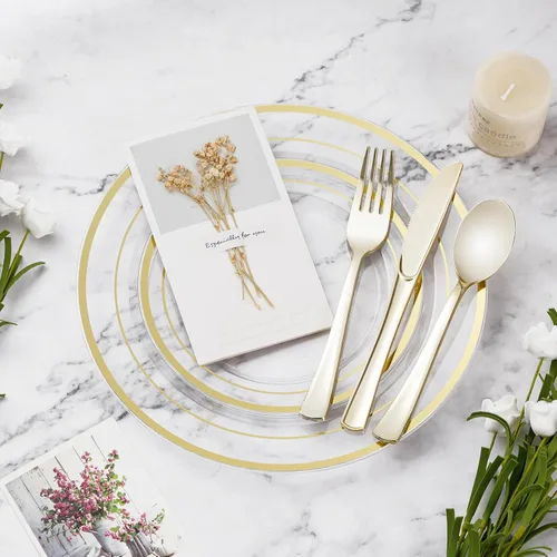 Miniatura 5 de BESTVIP Juego de 600 platos de plástico dorado transparente (para 100 invitados), platos de plástico para fiesta, boda, cumpleaños, juego de vajilla