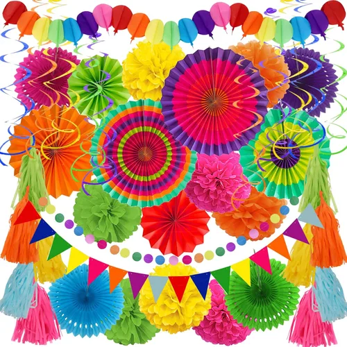 Miniatura 16 de ZERODECO - Decoraciones de fiesta, 41 piezas de abanicos de papel negros y rojos, pompones, guirnaldas, hilo, papel de seda y borlas para Negro Rojo