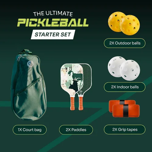 Miniatura 6 de Juego de 2 palas de pickleball Goat, incluye 4 bolas para interiores y exteriores y bolsa de viaje, juego de raquetas de pickleball de fibra de Verde