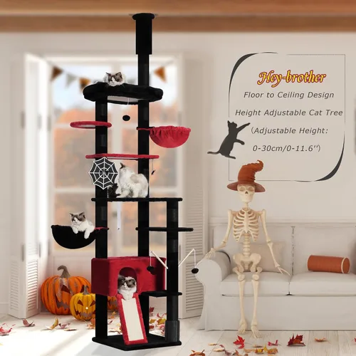 Miniatura 9 de Hey-brother Árbol gótico para gatos, de 98.4 a 110.2 pulgadas, de piso a techo, altura ajustable, torre de escalada alta para gatos grandes