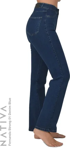 Miniatura 4 de Nativa Pantalones de mezclilla de tiro alto para mujer, tela de mezclilla de piel de durazno, pierna recta, ajuste elástico Fernanda, fuerte, ultra