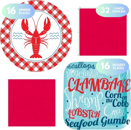 Miniatura 3 de Suministros para fiestas de cangrejos – 16 platos llanos de cangrejos de cangrejo, 16 platos de postre de clambake y gumbo y 32 servilletas rojas
