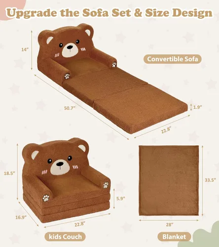 Miniatura 3 de Foryoomi Sofá para niños, sofá de bebé de 2 en 1 suave con manta plegable, silla cómoda, sofá de felpa convertible plegable, regalos para niños Oso