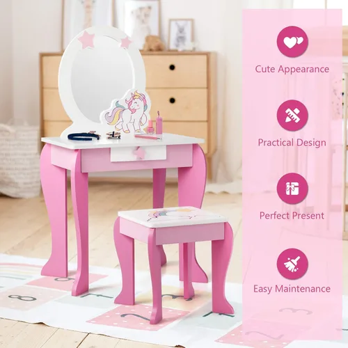 Miniatura 4 de Costzon Juego de tocador para niños con espejo, mesa de maquillaje y vestidor de princesa de madera 2 en 1 con parte superior desmontable, tocador